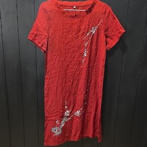 Red Short Sleeve Dress with Floral Design
